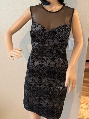 Black Velvet Burnout Mesh Yoke Sheath Dress